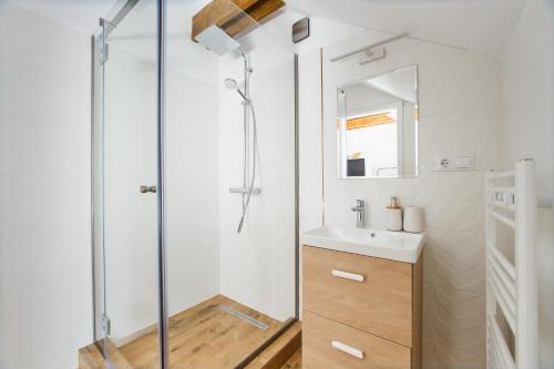 a bathroom with a shower and a sink at Rya Residence Oradea in Oradea