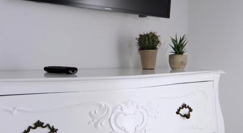 a white fireplace with two plants on top of it at A Casa di Anna in Naples