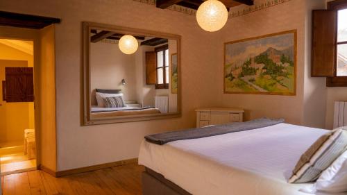 a bedroom with a large bed and a mirror at Fattorie di Celli in Poppi