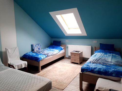基什孔費萊吉哈佐的住宿－Torony Lovarda Magánszállás，一间卧室设有两张床和天窗