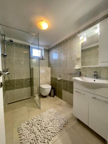 a bathroom with a shower and a sink and a toilet at Apartments Maria in Umag