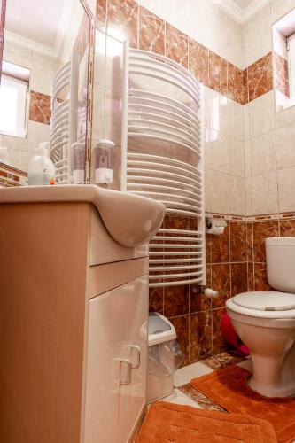 a bathroom with a toilet and a sink at Gál Apartmanház in Harkány
