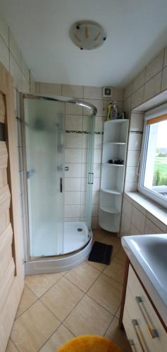 a bathroom with a shower and a sink at Agroturystyka na Słonecznej Orawie u Dzikich in Jabłonka