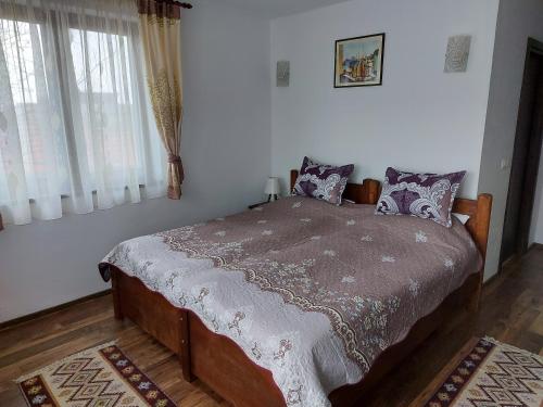 a bedroom with a large bed with pillows on it at Pensiunea Albina in Sînnicoară