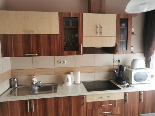 a kitchen with wooden cabinets and a sink and a microwave at Szabó Apartman in Sárvár