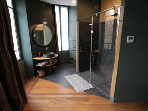 a bathroom with a shower with a sink and a mirror at B&B L'Escapade Bordelaise - Côté Jardin in Bordeaux