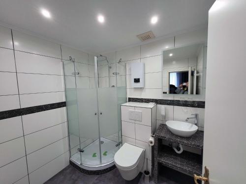 een badkamer met een douche, een toilet en een wastafel bij Hotel Restaurant Adria Kroatien in Bad Ems