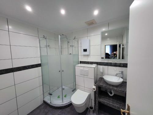 a bathroom with a shower and a toilet and a sink at Hotel Restaurant Adria Kroatien in Bad Ems