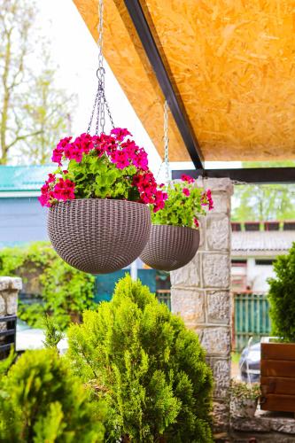 two flower pots are hanging from a roof at Villa Natali in Ohrid