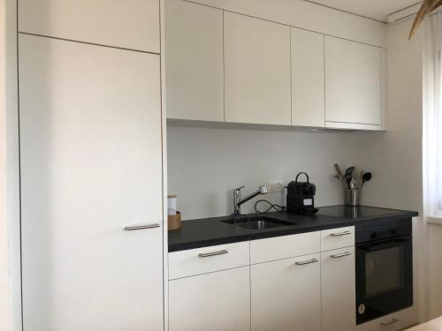 RuscheinにあるRenovated 3 Rooms Apartment in Ruschein near Laaxの白いキッチン(白いキャビネット、シンク付)