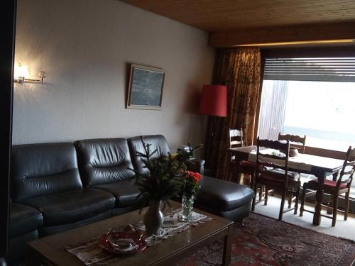 a living room with a leather couch and a table at Wohnung 53m2 gross mit Internet TV Küche Mit schöner Aussicht 53 m2 in zwischen Olten und Aarau in Lostorf