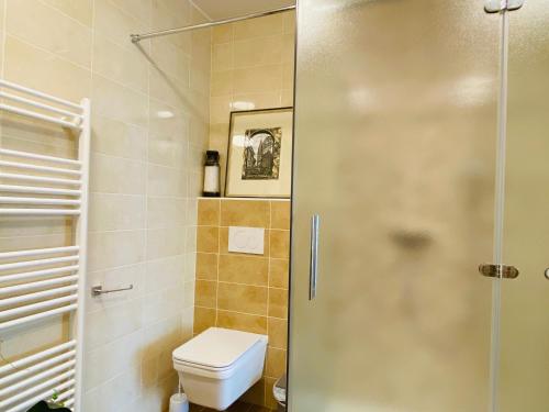 a bathroom with a toilet and a glass shower door at Lakeview Villa Bled in Bled