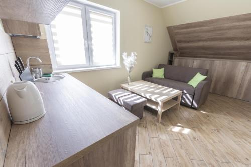 a living room with a couch and a table at Pokoje Gościnne Butryny in Butryny