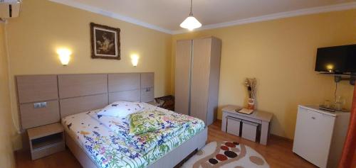 a small bedroom with a bed and a television at Pension Charisma in Băile Herculane