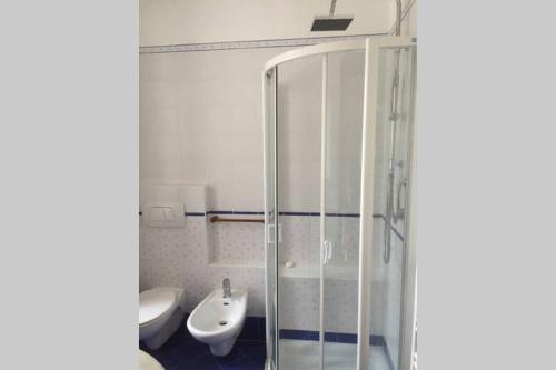 uma casa de banho com uma cabina de duche em vidro e um WC. em Nido di Rongio em Mandello del Lario