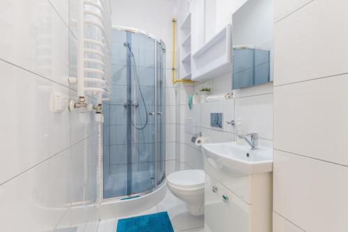 a bathroom with a shower and a toilet and a sink at Pod Muralem - Apartamenty Little Heaven in Ustka