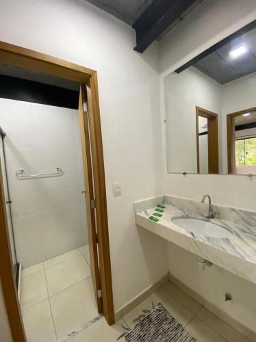 a bathroom with a sink and a mirror at Aconchego Serra Imperial in Petrópolis