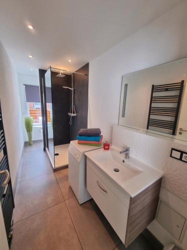 a bathroom with a white sink and a shower at SAV Ferienwohnung in Erfurt