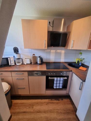 a small kitchen with a stove and a sink at SAV Ferienwohnung in Erfurt