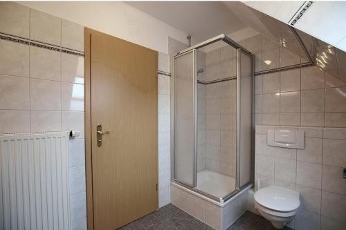 a bathroom with a shower stall and a toilet at Strandvilla Krabbe Wohnung 14 in Boltenhagen