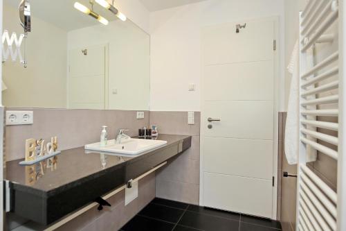 a bathroom with a sink and a mirror at Villa Sanddorn Wohnung 07 in Börgerende-Rethwisch