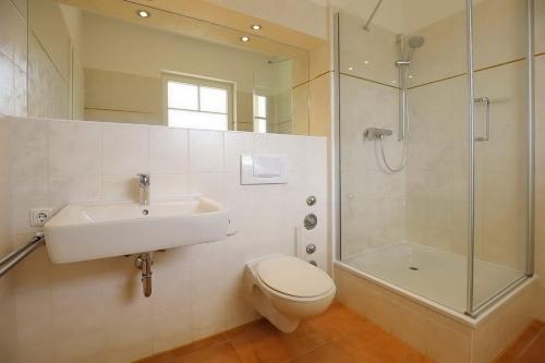uma casa de banho com um lavatório, um WC e um chuveiro em Likedeeler II Wohnung 02 em Boltenhagen