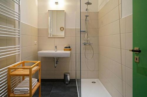 W łazience znajduje się umywalka i prysznic. w obiekcie Auf den Höfen Wohnung 02 w mieście Kühlungsborn