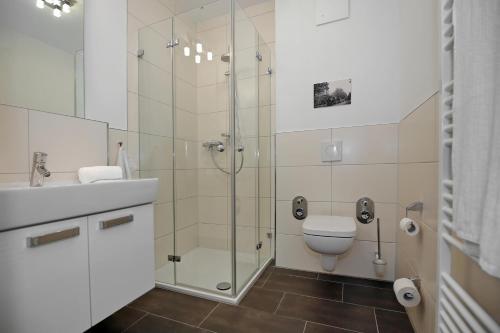 W łazience znajduje się prysznic, toaleta i umywalka. w obiekcie Residenz von Flotow Wohnung 10 w mieście Heiligendamm