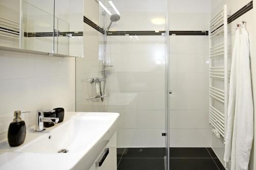 ハイリゲンダムにあるLinden-Palais Wohnung 20の白いバスルーム(シンク、シャワー付)