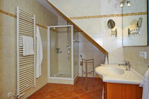 a bathroom with a sink and a shower at Dünenschloss Wohnung 1-43 in Kühlungsborn