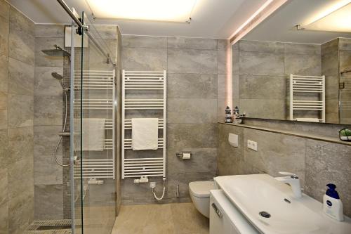 a bathroom with a shower and a toilet and a sink at Linden-Palais Wohnung 01 in Heiligendamm
