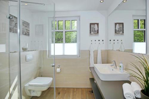 La salle de bains est pourvue de toilettes, d'un lavabo et d'une douche. dans l'établissement Linden-Palais Wohnung 09, à Heiligendamm