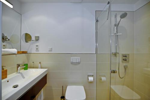 a bathroom with a shower and a toilet and a sink at Linden-Palais Wohnung 29 in Heiligendamm