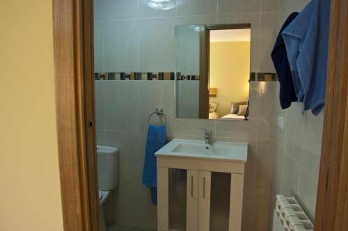 een badkamer met een wastafel, een toilet en een spiegel bij La casa del rebote in Acedo