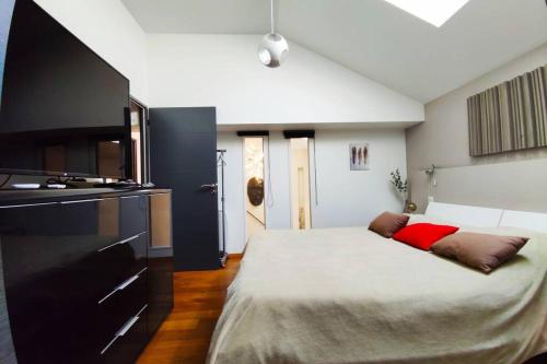 a bedroom with a large bed with a red pillow at Loft 5* Centre, terras. park babyfoot clim vélos in Montélimar