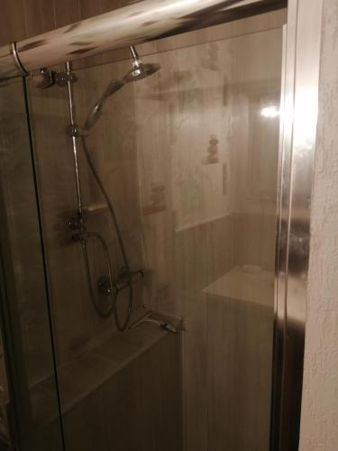 une douche avec une porte vitrée dans une salle de bain dans l'établissement petite maison de village loustalou, à Saint-Antonin-de-Lacalm