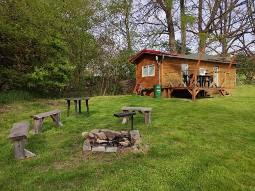 a log cabin with picnic tables and a fire pit at Mobilní dům in Dolní Dvořiště