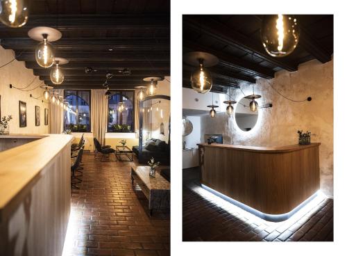 2 Bilder eines Restaurants mit einer Bar und einer Lobby in der Unterkunft Hotel Pivoňka in Slavonice