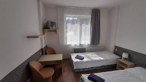 a small room with two beds and a window at Chata Ořovský in Železná Ruda
