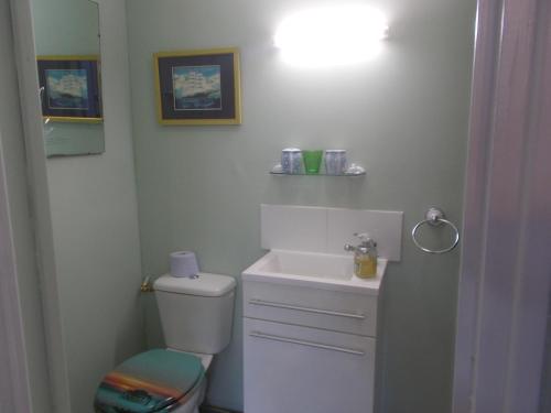 a bathroom with a white toilet and a sink at Webb's of Glomel in Glomel