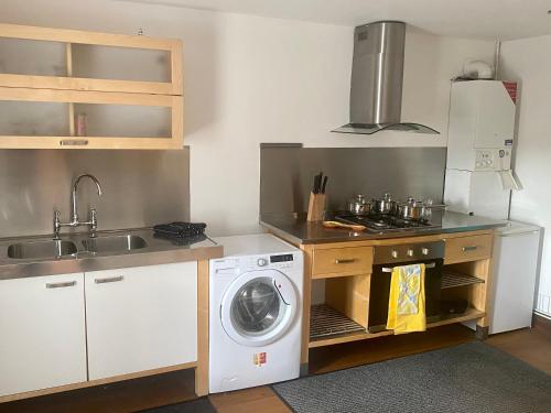 uma cozinha com uma máquina de lavar roupa e um lavatório em The Old Stables em Swansea