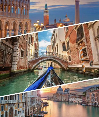 a collage of three pictures of a river with a bridge at Hotel Villa Stella in Venice-Lido