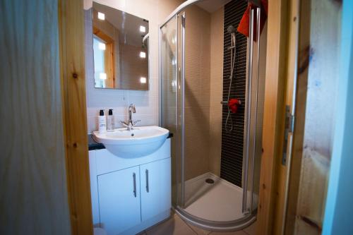 a bathroom with a sink and a glass shower at Seventeen Carrig Na Rone in Portrush