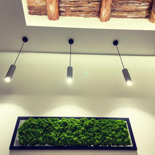 a green hedge on a wall with three lights at 4heavens_naples in Naples
