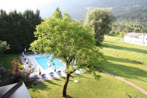 einen Blick über einen Baum und einen Pool in der Unterkunft Ferienwohnungen Forellenhof Waldner in Gundersheim