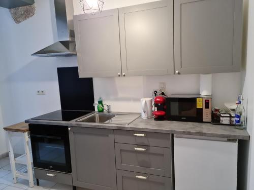 a kitchen with a counter with a microwave and a sink at Beaugency-3 sur la route des châteaux in Beaugency