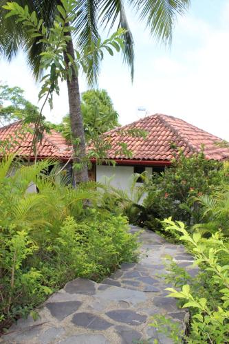 a house with a palm tree and a walkway at Finca Los Caballos Montezuma in Montezuma