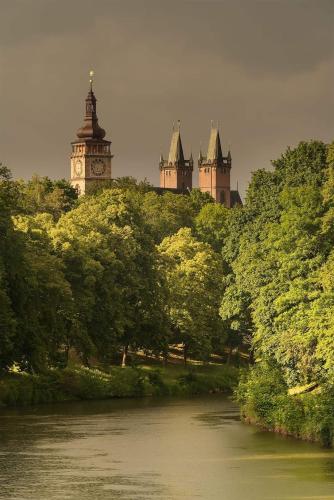 a river with trees and a clock tower in the background at Apartment Holata 401 in Hradec Králové
