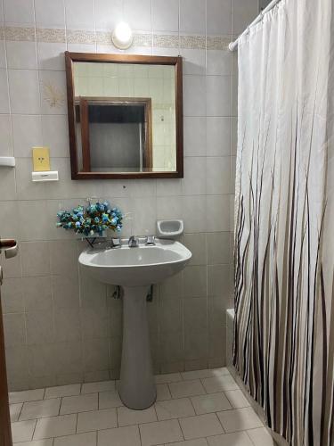 a bathroom with a sink and a mirror and a shower curtain at Balcón de los Campanarios in Salta