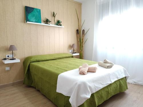 1 dormitorio con 1 cama verde y 2 toallas en Apartamentos Coralba - El Escondite de la Bahía, en San Fernando